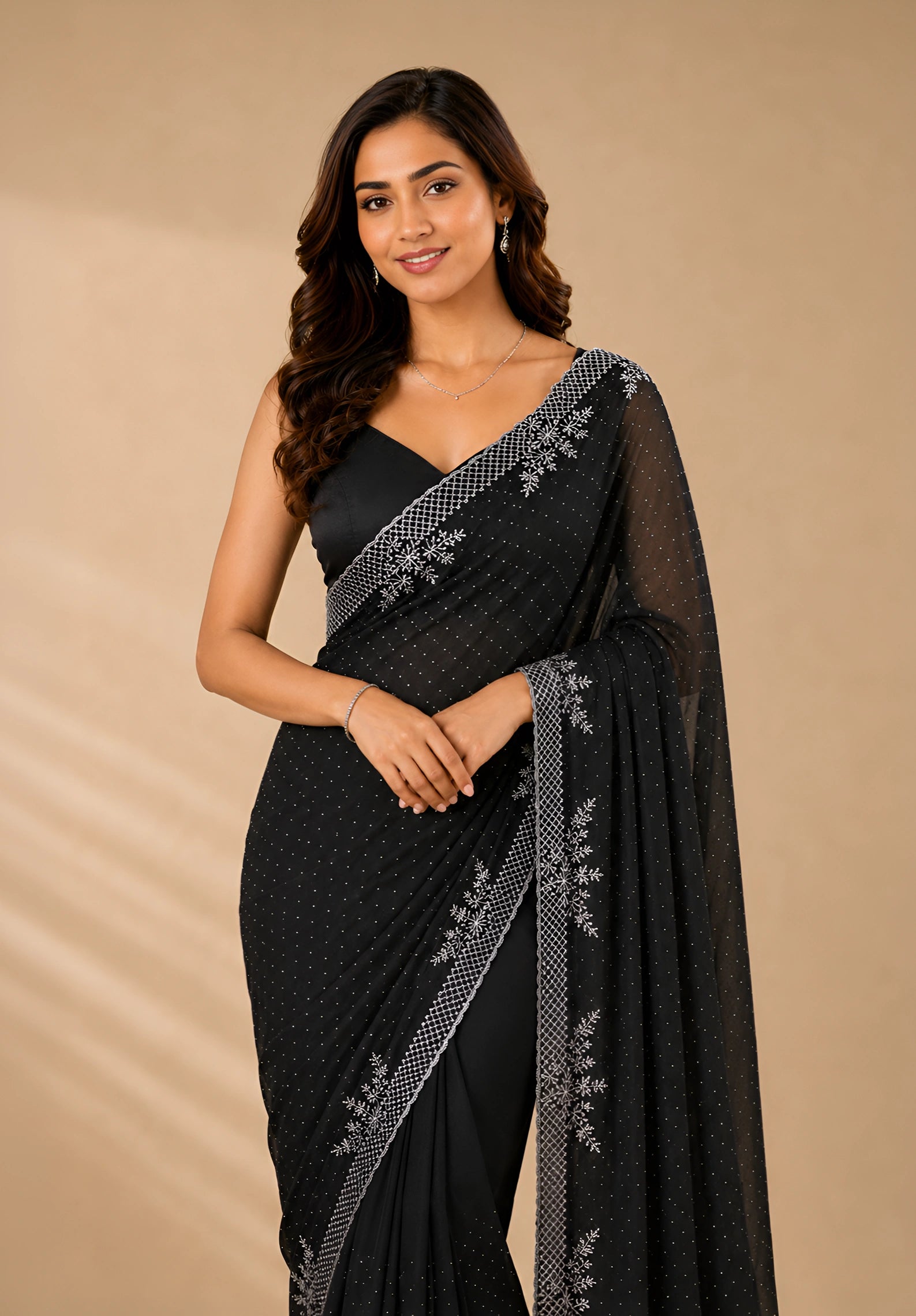 Black Satin Saree with Stone Border