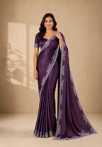 Wine Purple Satin Saree with Stone Border