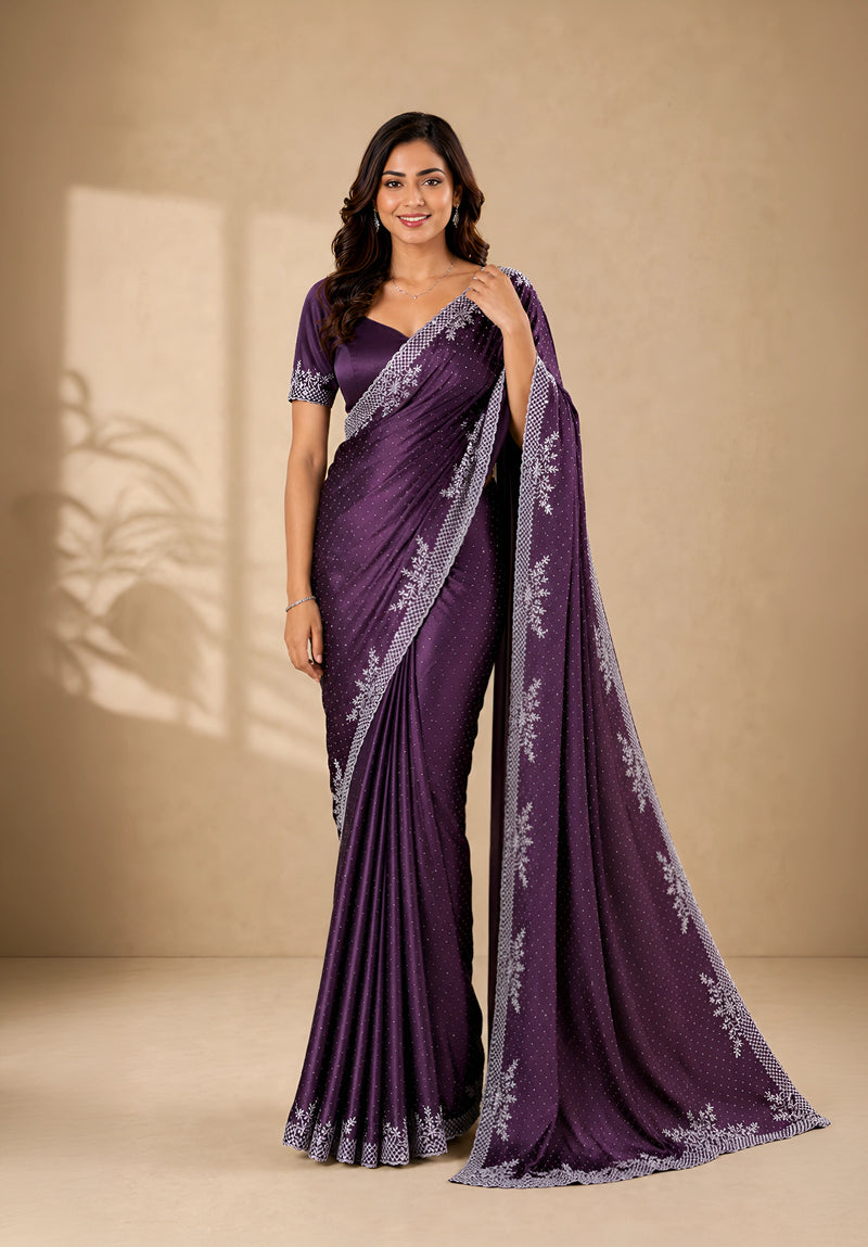Wine Purple Satin Saree with Stone Border