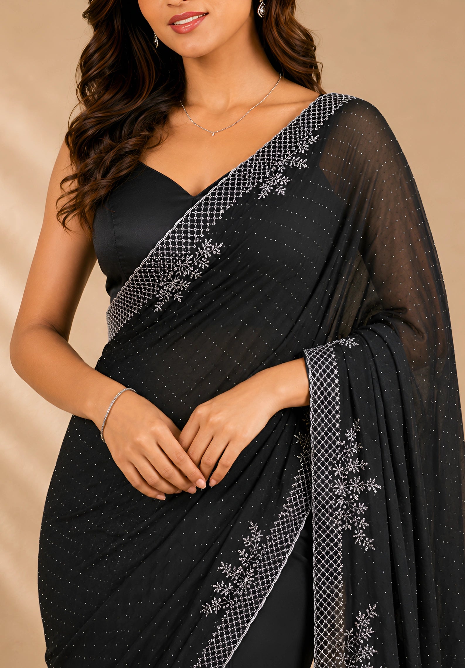 Black Satin Saree with Stone Border