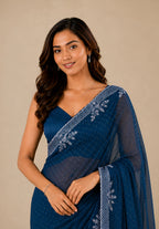 Teal Blue Satin Saree with Stone Border