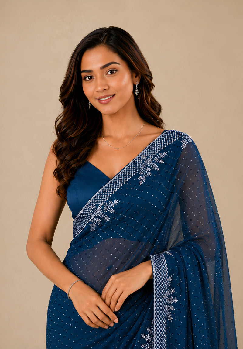 Teal Blue Satin Saree with Stone Border