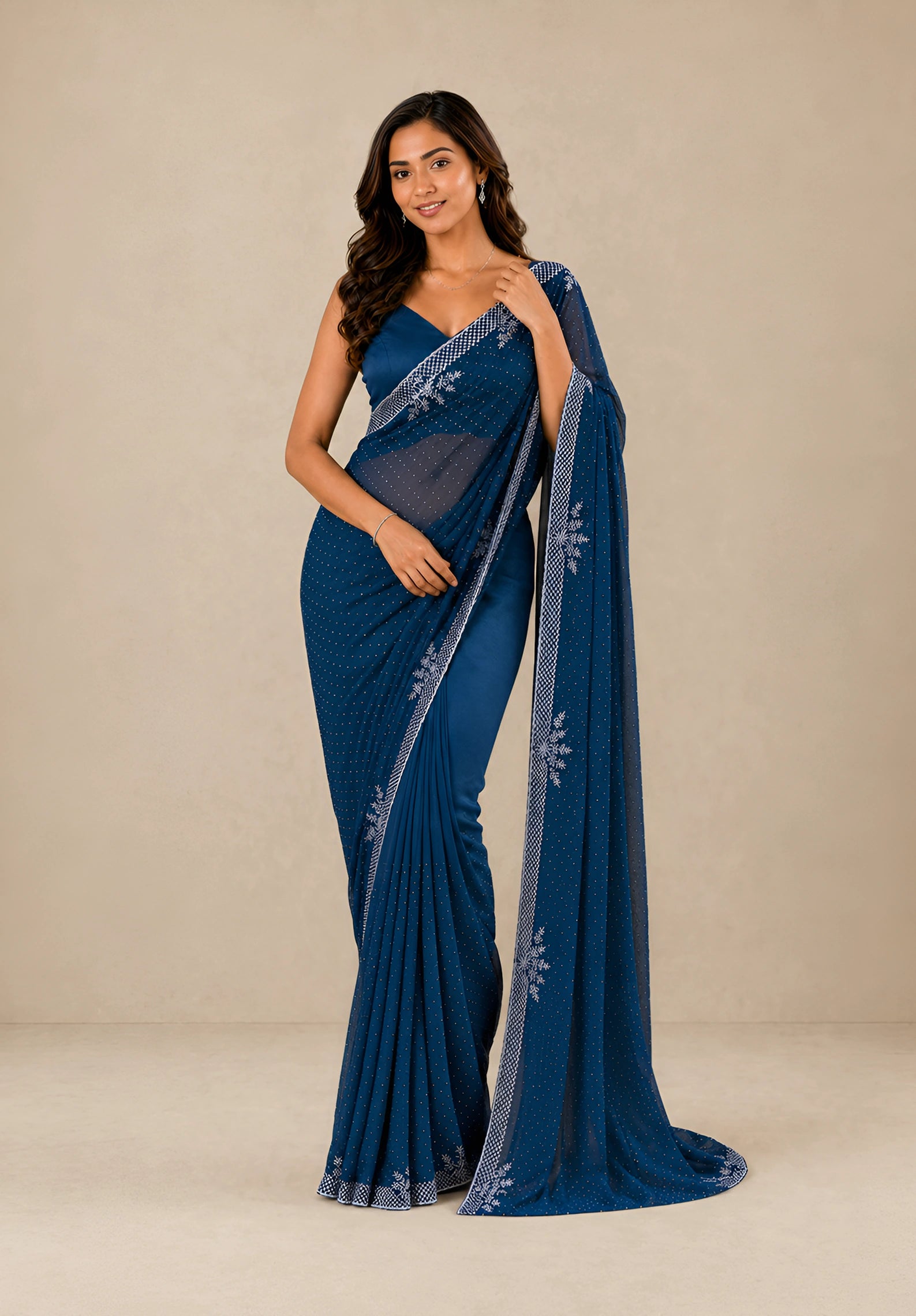 Teal Blue Satin Saree with Stone Border