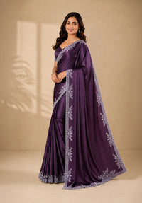 Wine Purple Satin Saree with Stone Border