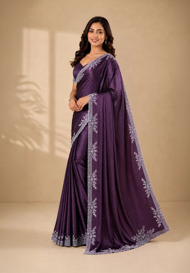 Wine Purple Satin Saree with Stone Border