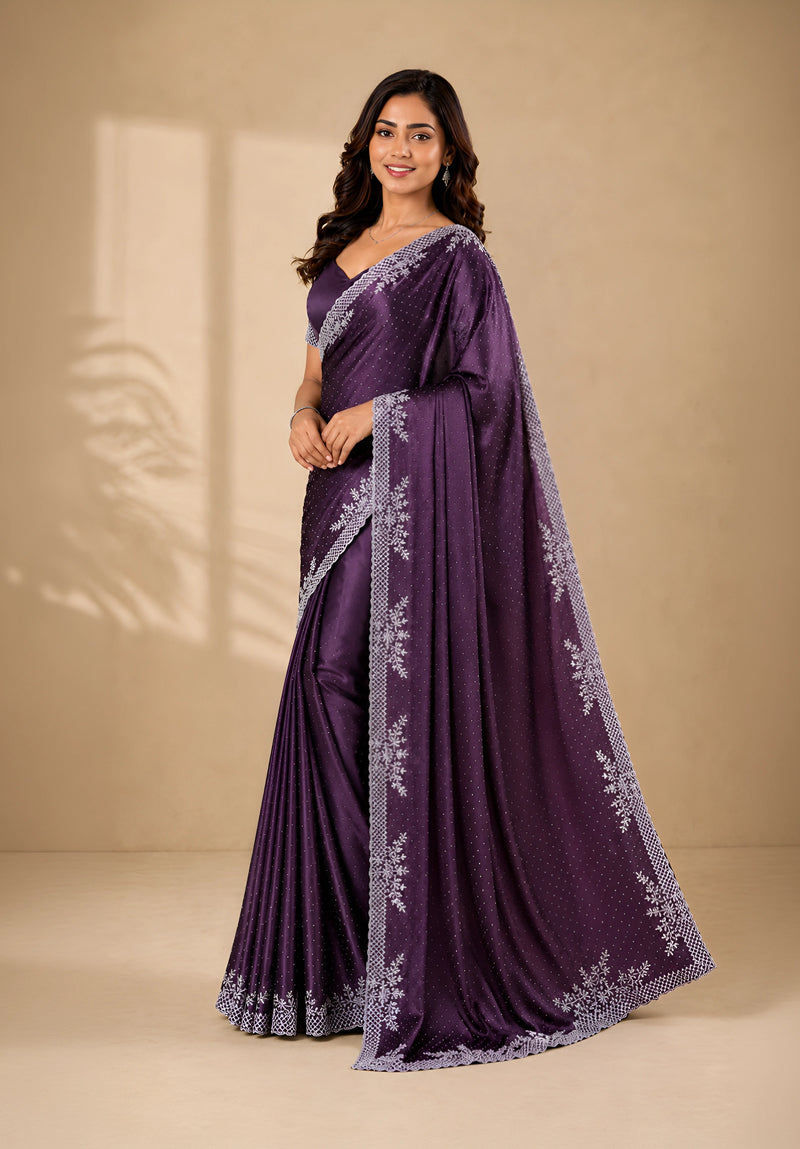 Wine Purple Satin Saree with Stone Border