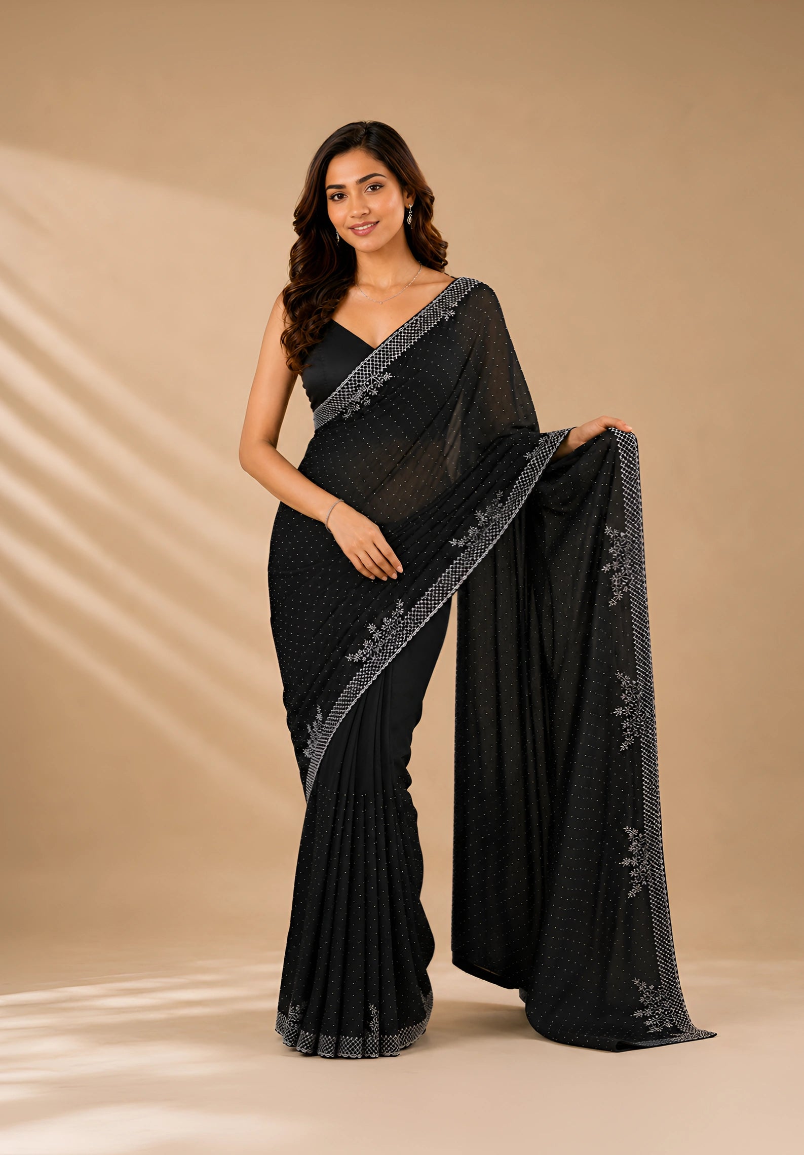 Black Satin Saree with Stone Border