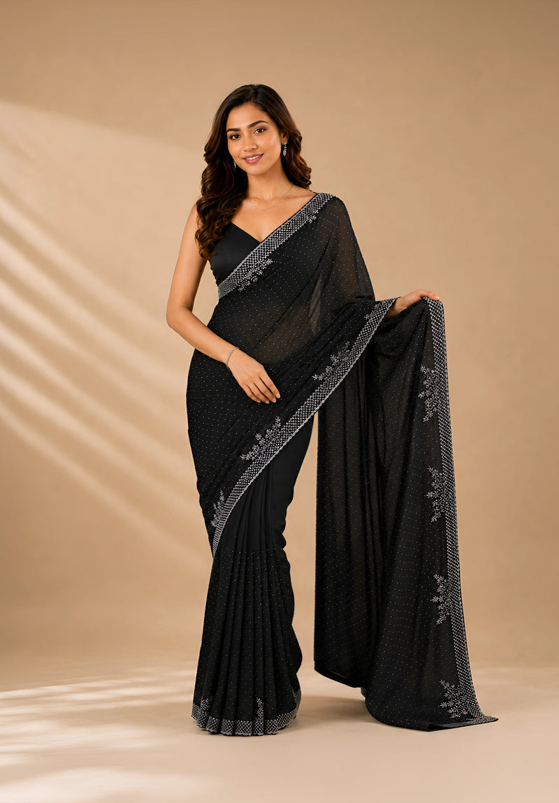 Black Satin Saree with Stone Border