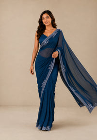 Teal Blue Satin Saree with Stone Border