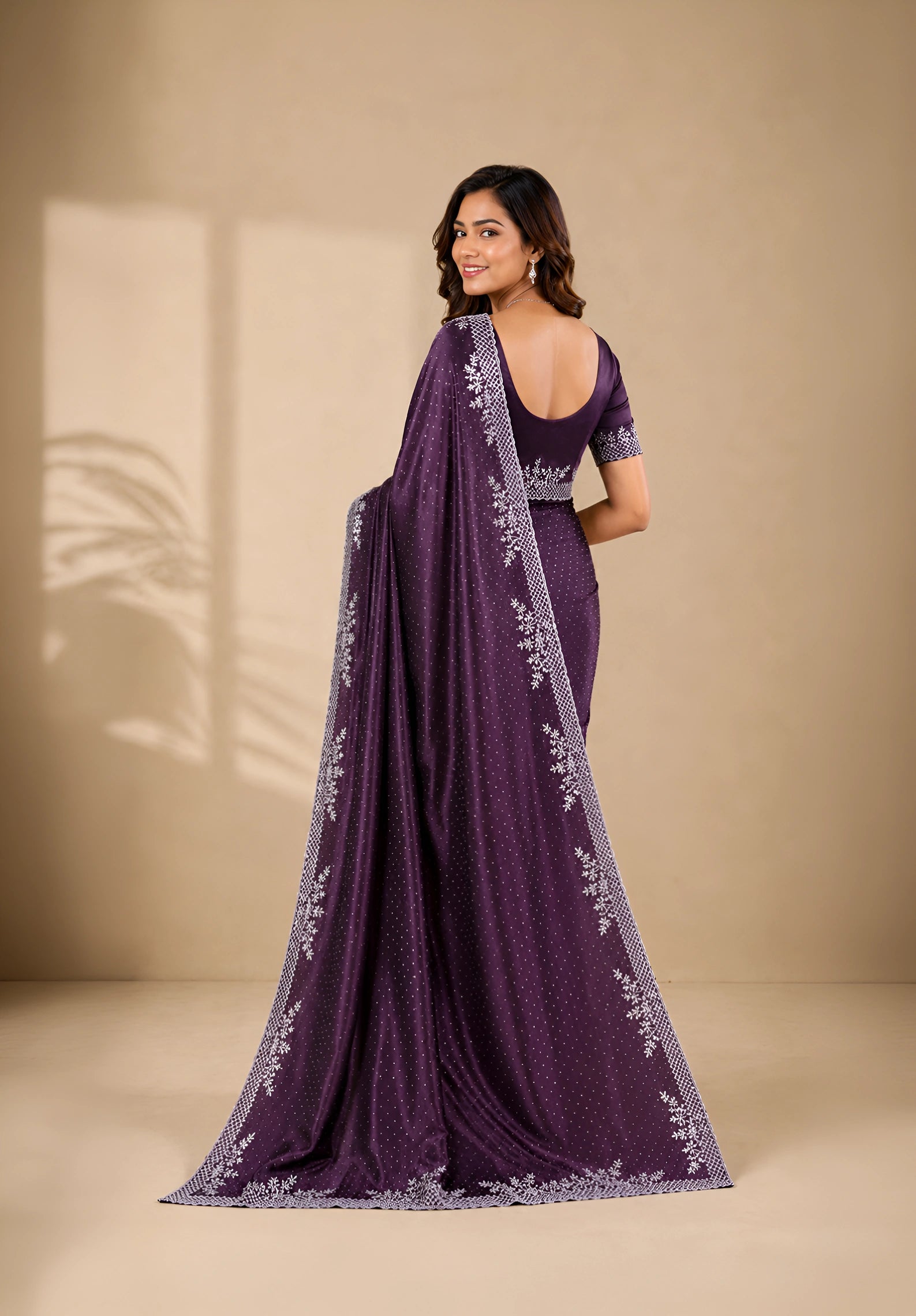 Wine Purple Satin Saree with Stone Border