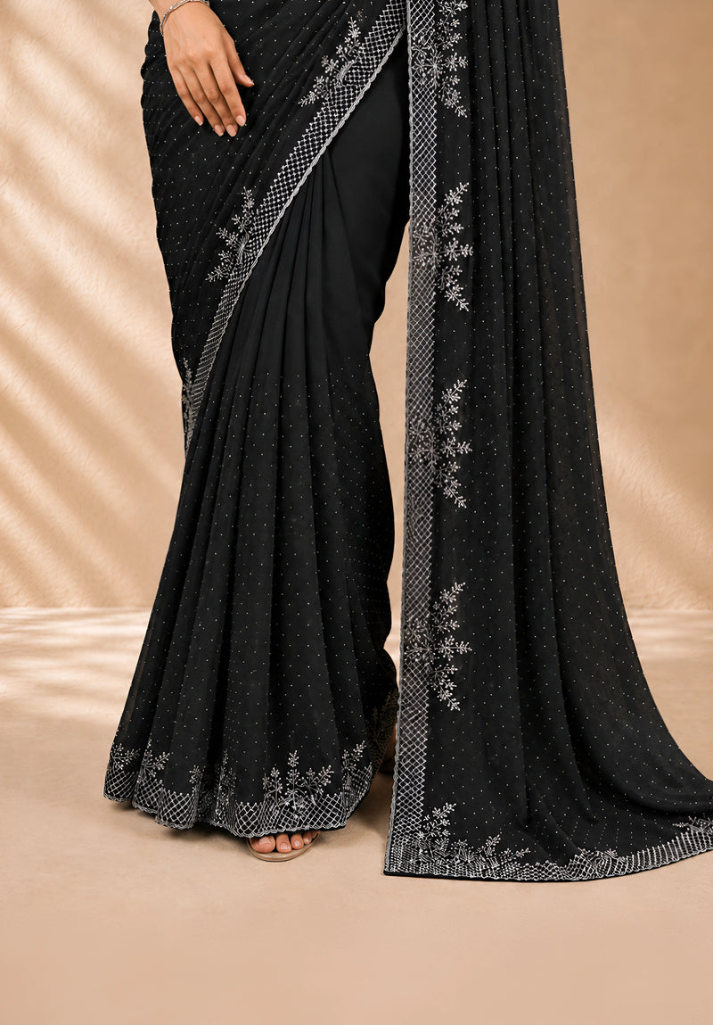 Black Satin Saree with Stone Border