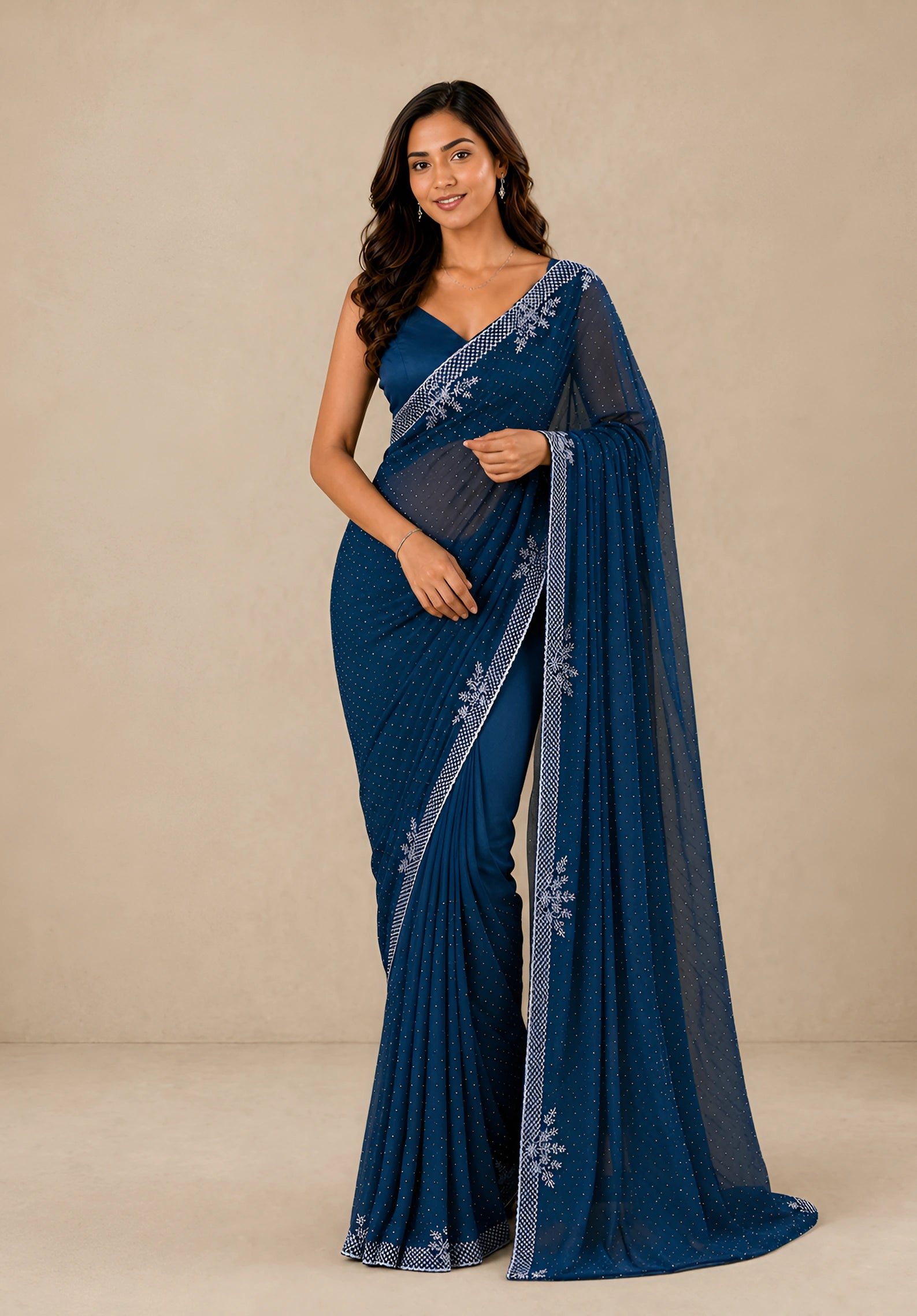 Teal Blue Satin Saree with Stone Border