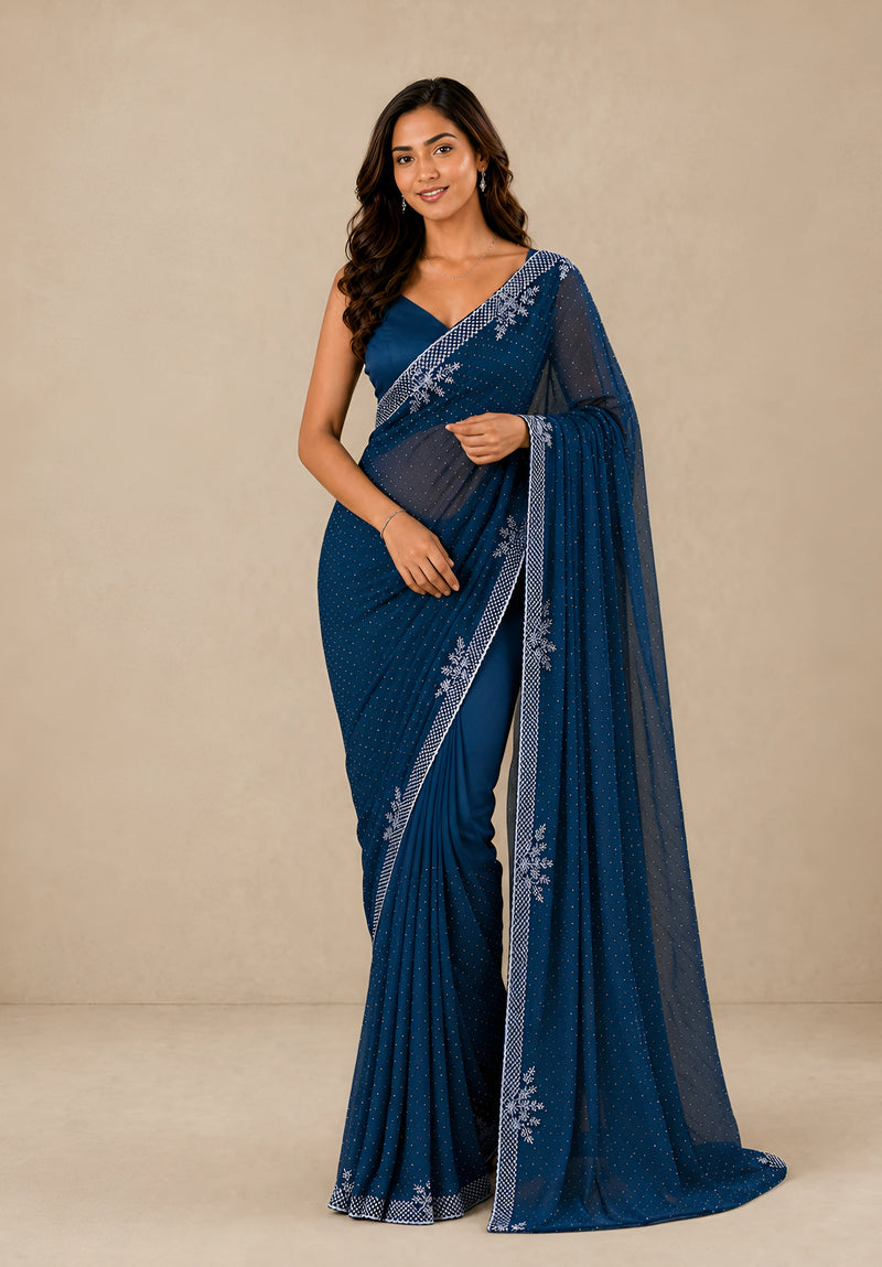 Teal Blue Satin Saree with Stone Border