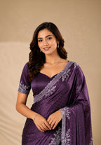 Wine Purple Satin Saree with Stone Border