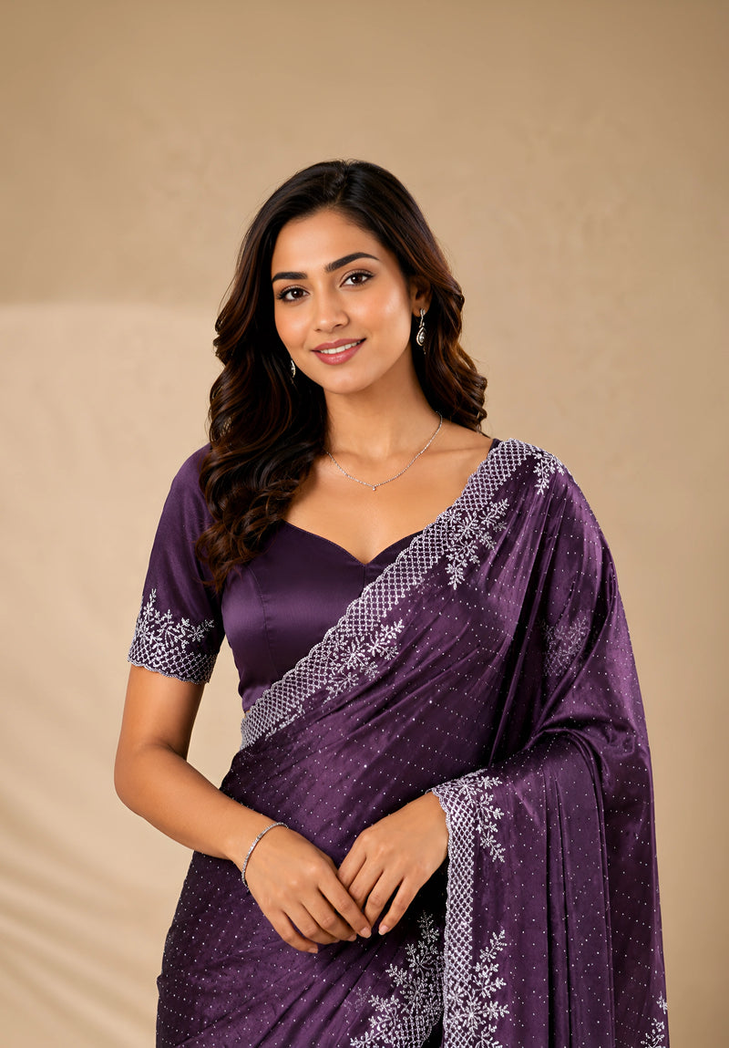 Wine Purple Satin Saree with Stone Border