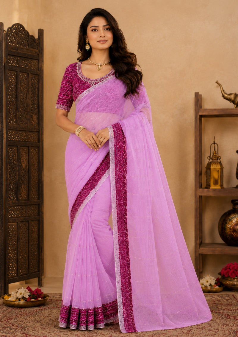 Lilac Pink Tissue Festive Saree with Magenta Bandhani Border and Cut Dana Work