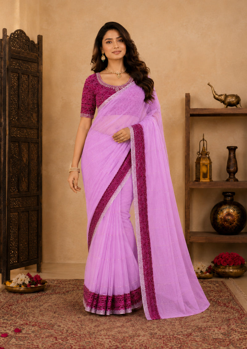 Lilac Pink Tissue Festive Saree with Magenta Bandhani Border and Cut Dana Work