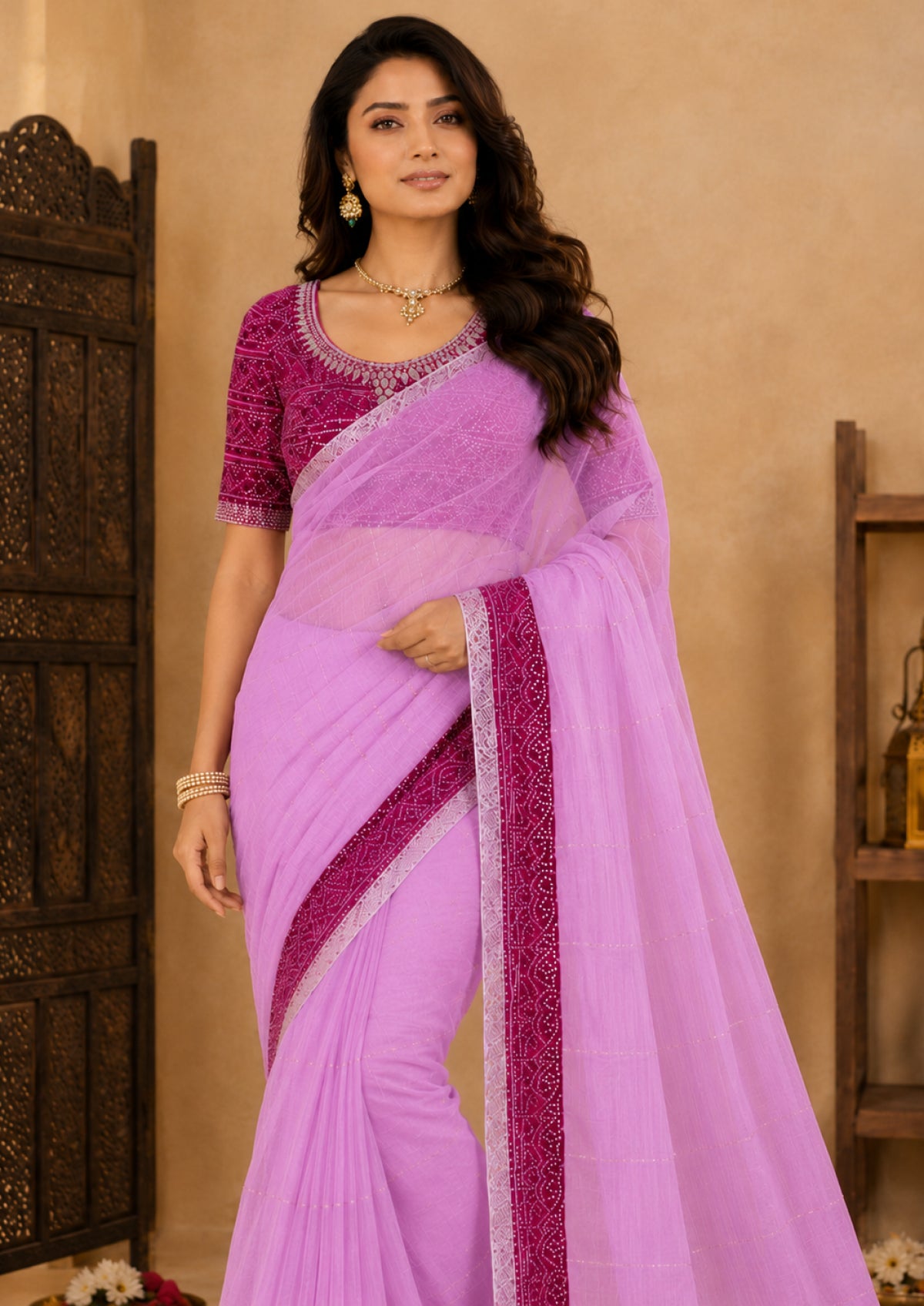 Lilac Pink Tissue Festive Saree with Magenta Bandhani Border and Cut Dana Work