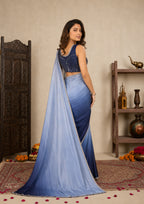Navy Blue Ombre Satin Evening Saree with Hand-Embroidered Blouse