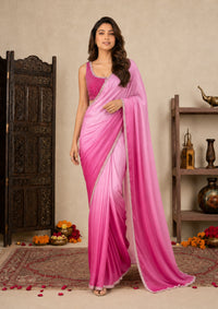 Magenta Pink Ombre Satin Evening Saree with Hand-Embroidered Blouse