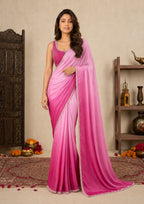 Magenta Pink Ombre Satin Evening Saree with Hand-Embroidered Blouse
