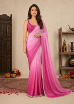 Magenta Pink Ombre Satin Evening Saree with Hand-Embroidered Blouse