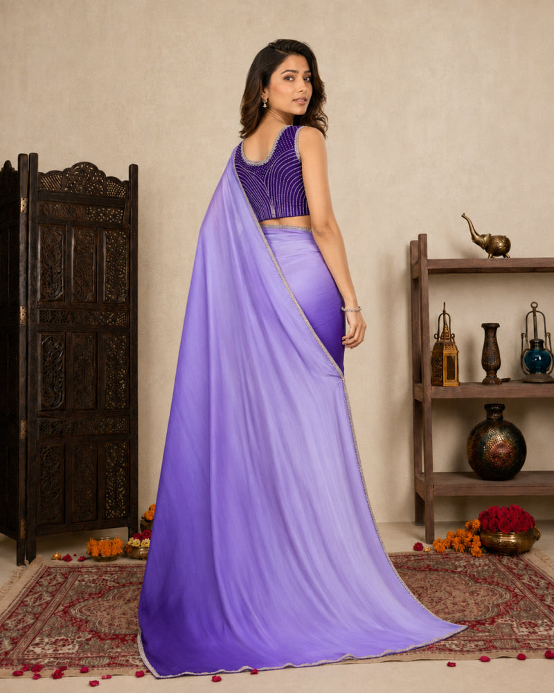 Lavender Purple Ombre Satin Evening Saree with Hand-Embroidered Blouse