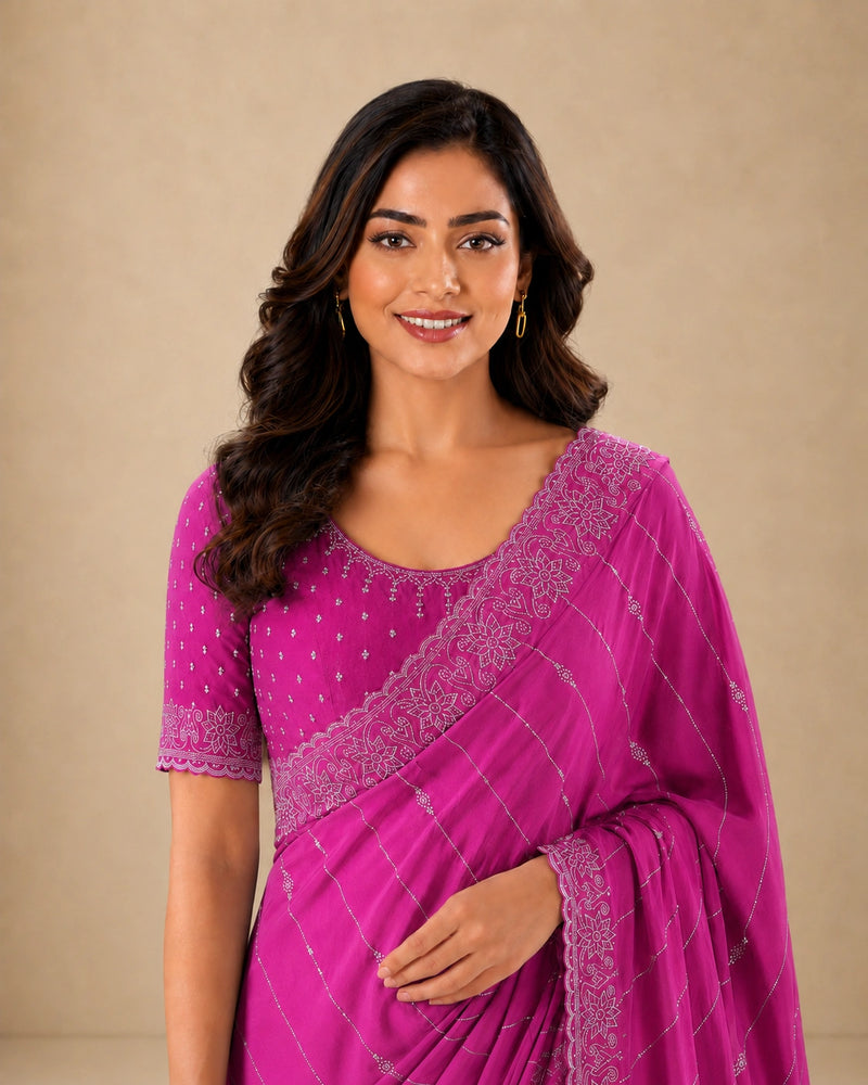 Magenta Pink Satin Saree with Zari Border