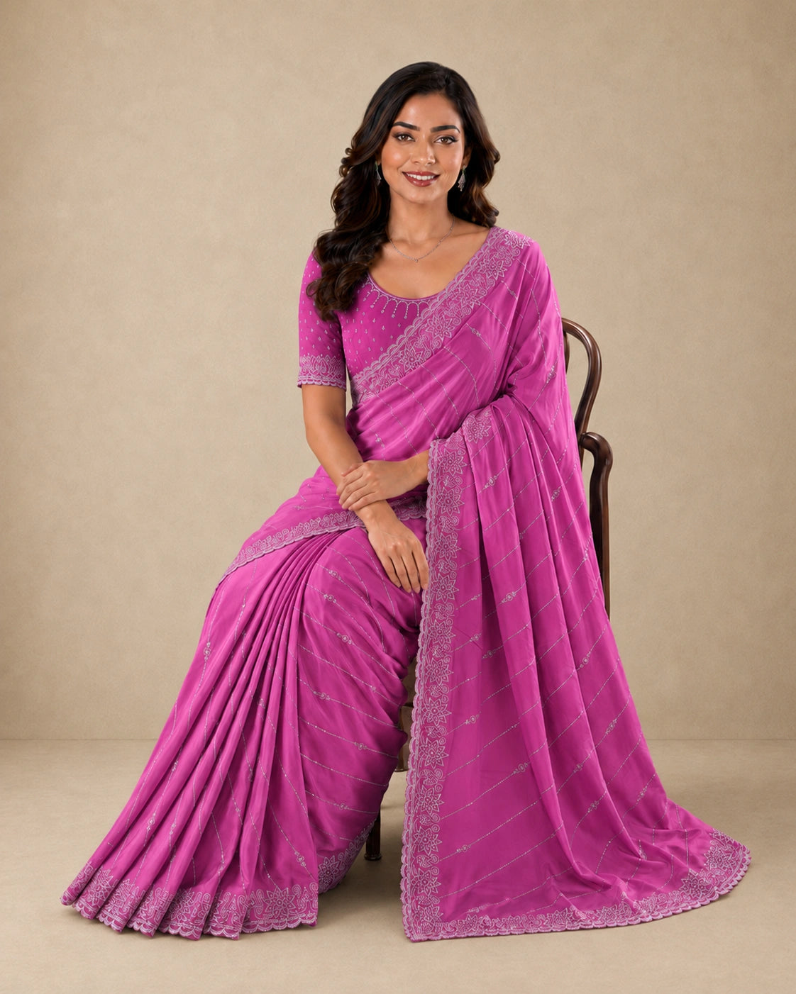Magenta Pink Satin Saree with Zari Border