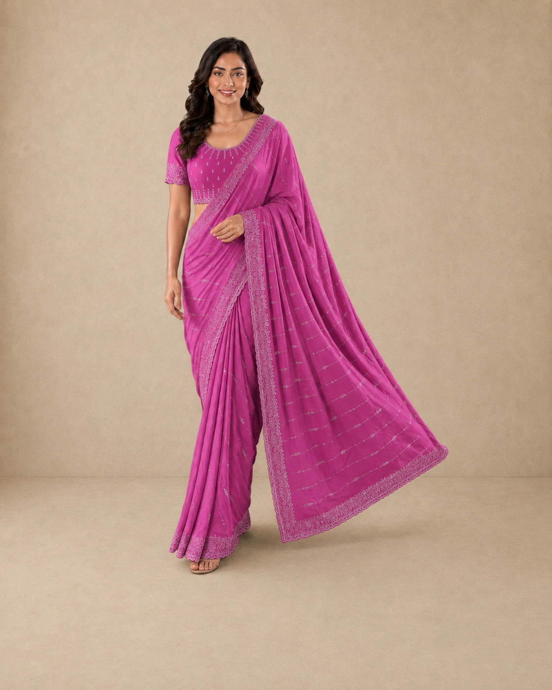 Magenta Pink Satin Saree with Zari Border