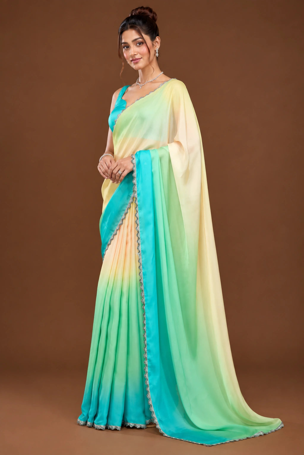 Cream to turquoise ombre georgette saree - second side full length pose