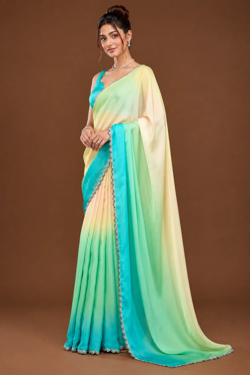 Cream to turquoise ombre georgette saree - second side full length pose