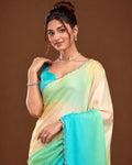 Cream to turquoise ombre georgette saree - close up portrait with blouse detail
