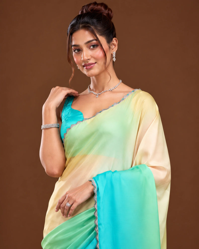 Cream to turquoise ombre georgette saree - close up portrait with blouse detail