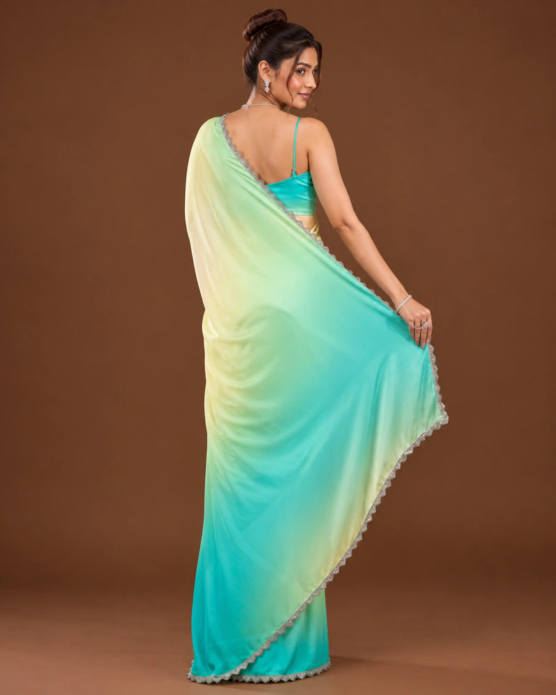 Cream to turquoise ombre georgette saree - back view showing deep back blouse