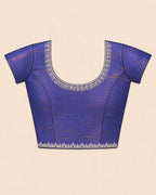 Peach Pink Satin Festive Saree with Indigo Blue Border and Zarkan Work