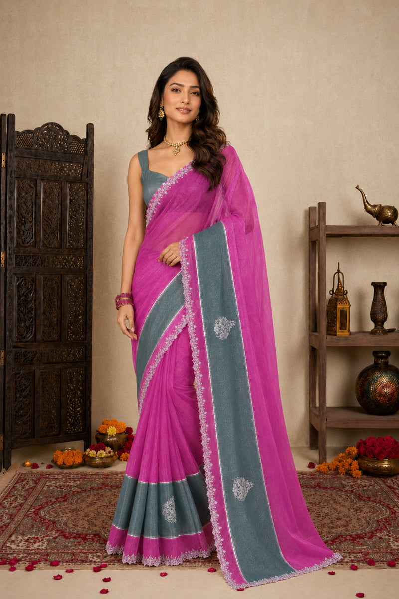 Magenta Pink Satin Festive Saree with Grey Border and Zarkan Work