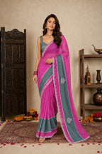 Magenta Pink Satin Festive Saree with Grey Border and Zarkan Work