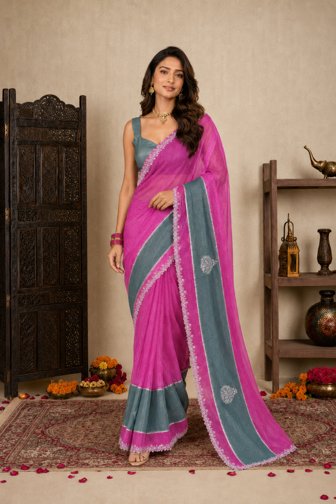 Magenta Pink Satin Festive Saree with Grey Border and Zarkan Work