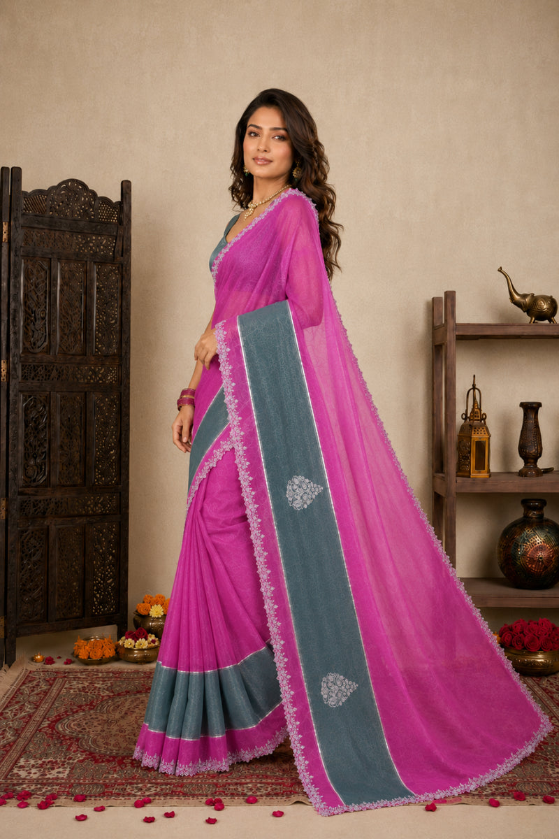 Magenta Pink Satin Festive Saree with Grey Border and Zarkan Work