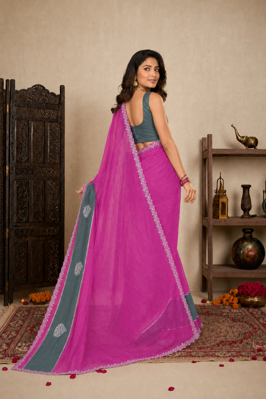 Magenta Pink Satin Festive Saree with Grey Border and Zarkan Work