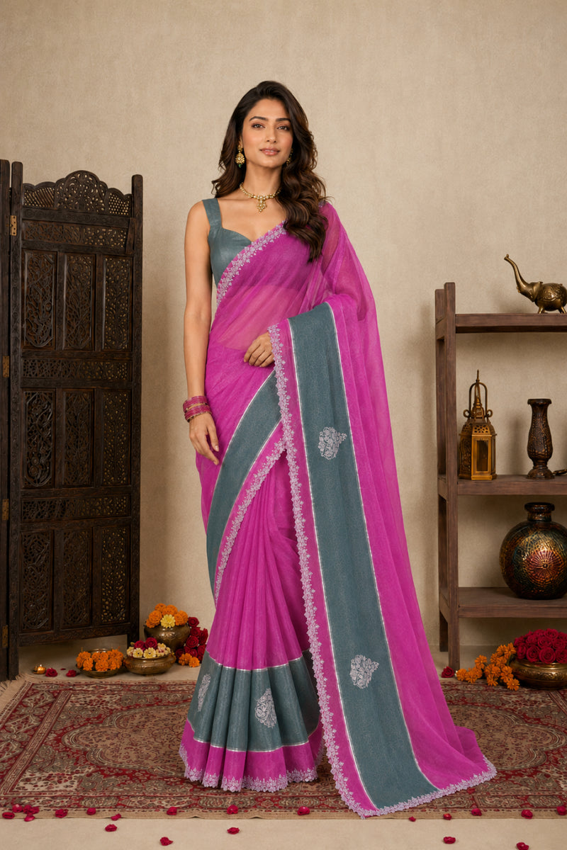 Magenta Pink Satin Festive Saree with Grey Border and Zarkan Work