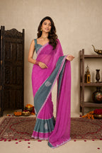 Magenta Pink Satin Festive Saree with Grey Border and Zarkan Work