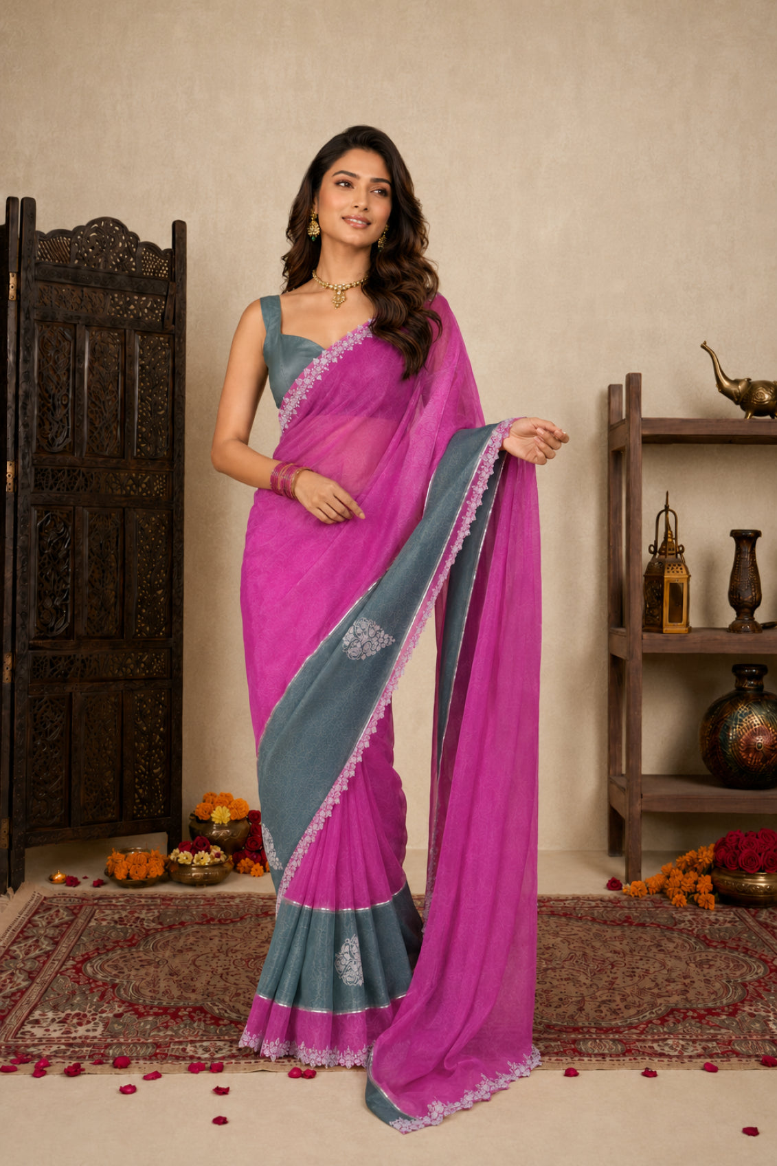 Magenta Pink Satin Festive Saree with Grey Border and Zarkan Work