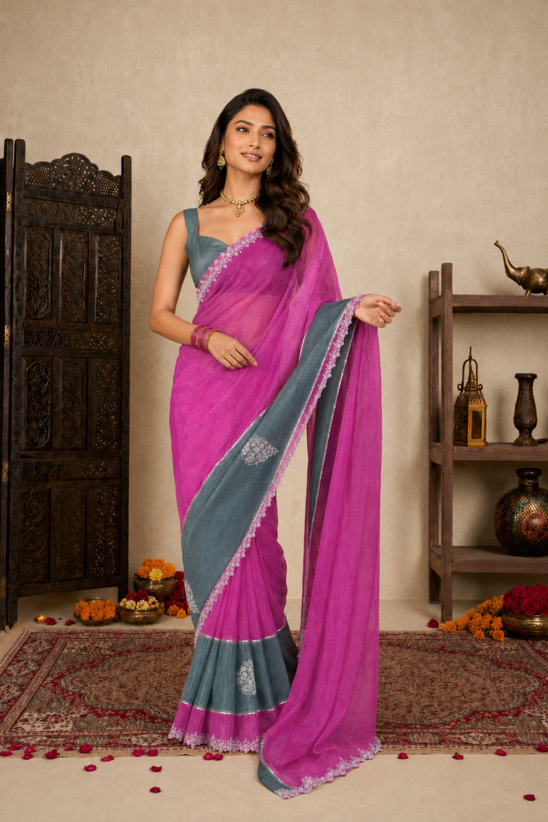 Magenta Pink Satin Festive Saree with Grey Border and Zarkan Work