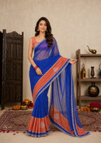 Royal Blue Satin Festive Saree with Terracotta Border and Zarkan Work