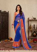 Royal Blue Satin Festive Saree with Terracotta Border and Zarkan Work