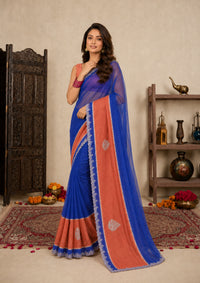 Royal Blue Satin Festive Saree with Terracotta Border and Zarkan Work