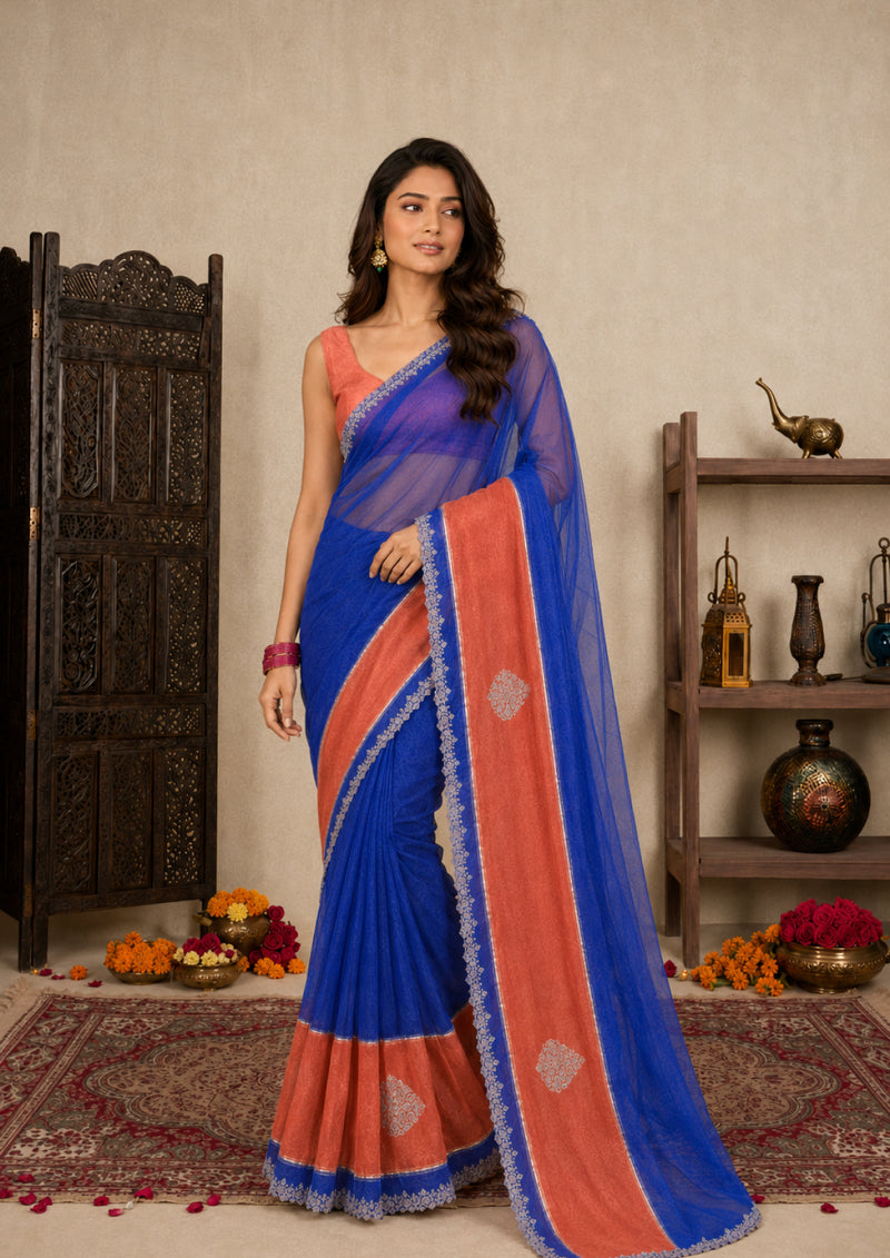 Royal Blue Satin Festive Saree with Terracotta Border and Zarkan Work