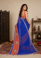 Royal Blue Satin Festive Saree with Terracotta Border and Zarkan Work